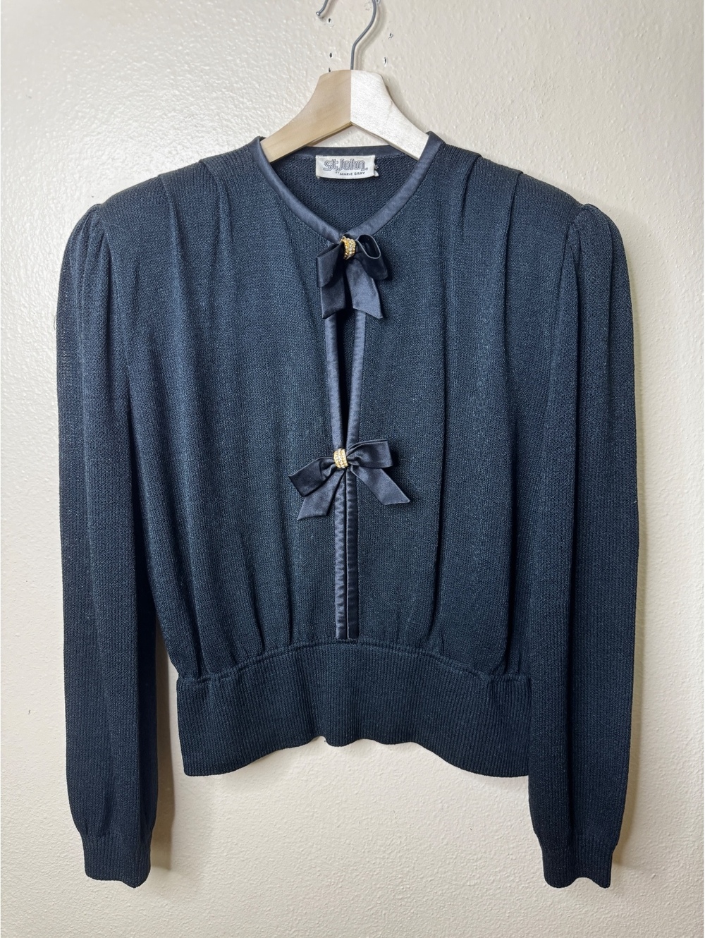 Vintage St. John by Marie Gray Black Santana Knit Bow Cardigan Sweater Jacket